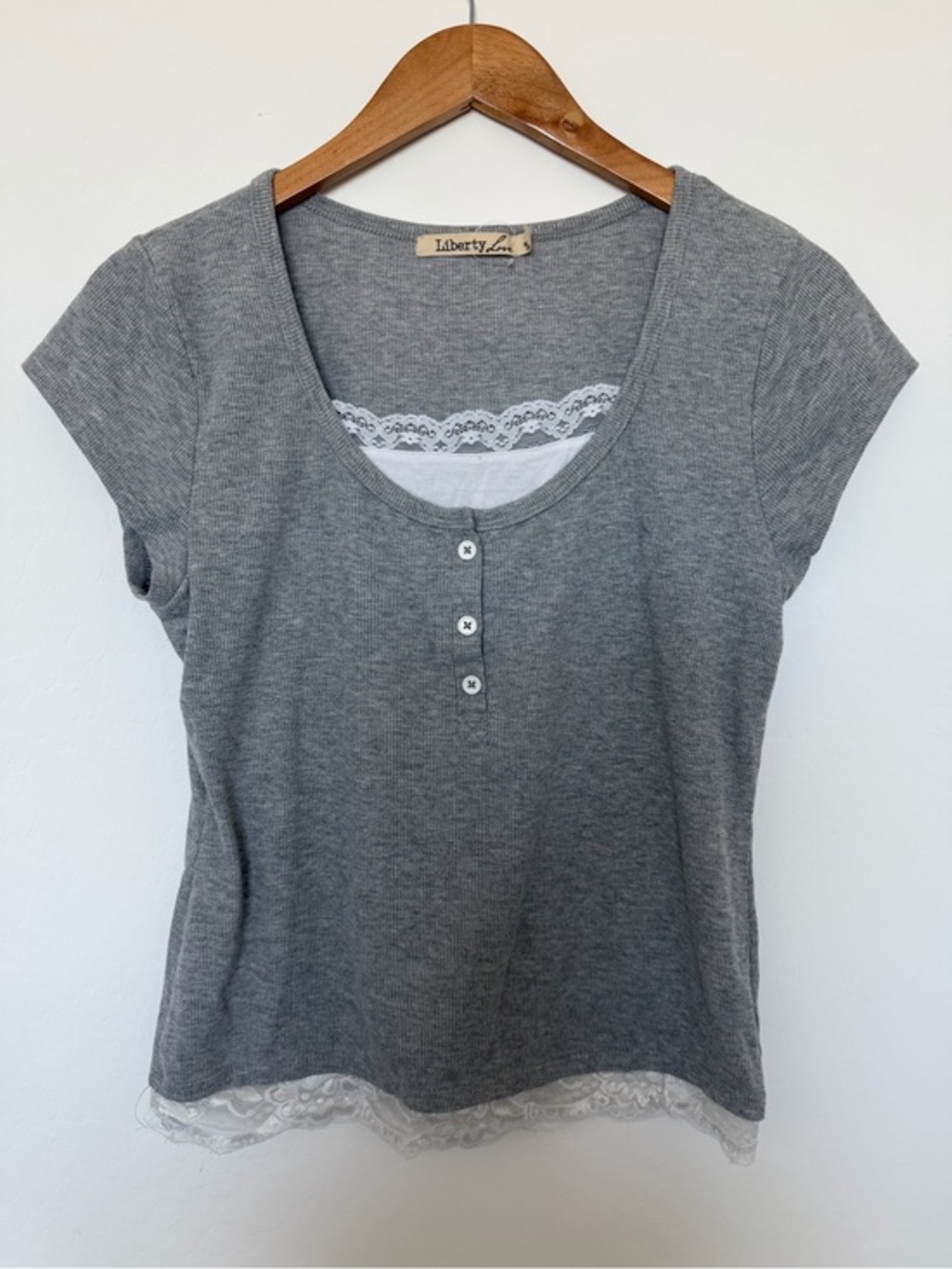 Liberty Love Grey Short-Sleeve Henley Tee with White Lace